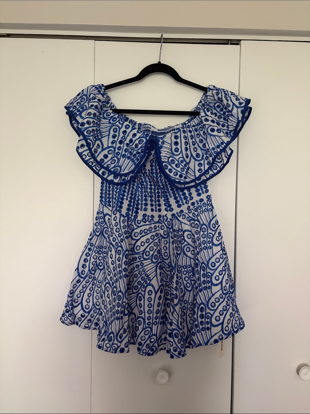 Commense Blue and White Printed Ruffle Dress